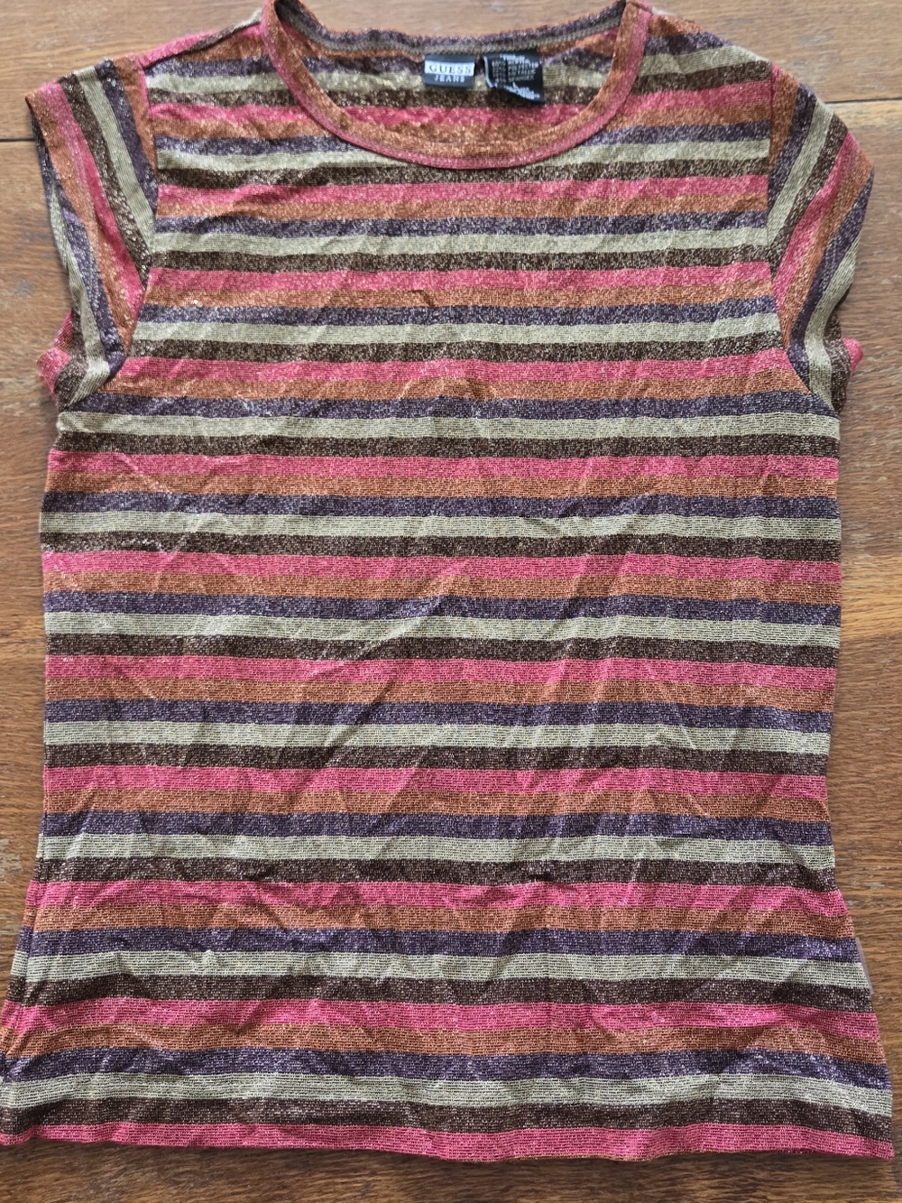Guess Striped Short Sleeve Top in Pink, Brown, Purple, Tan Y2K Large